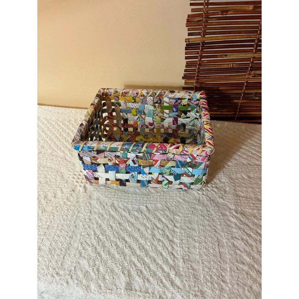 Handwoven Recycled Magazine Paper Basket Colorful Woven Storage Bin Eco Friendly